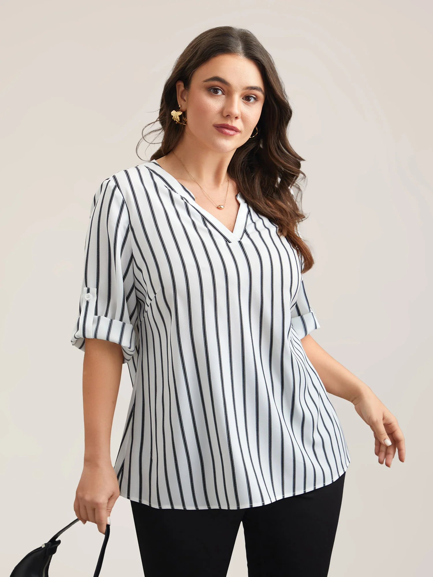 Notched Collar Striped Tab Sleeve Shirt