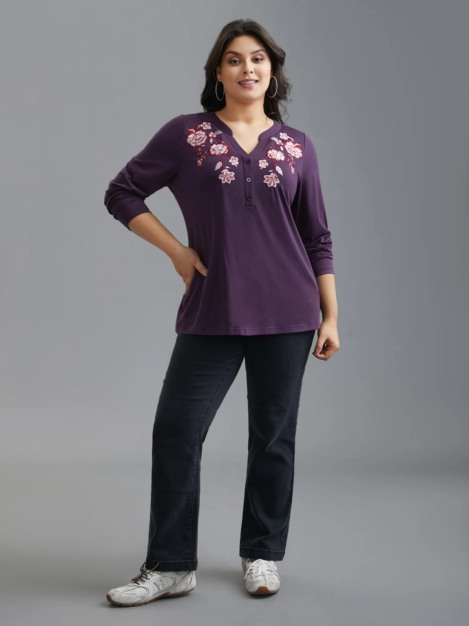 Notched Floral Embroidered  Button Top - Image 5