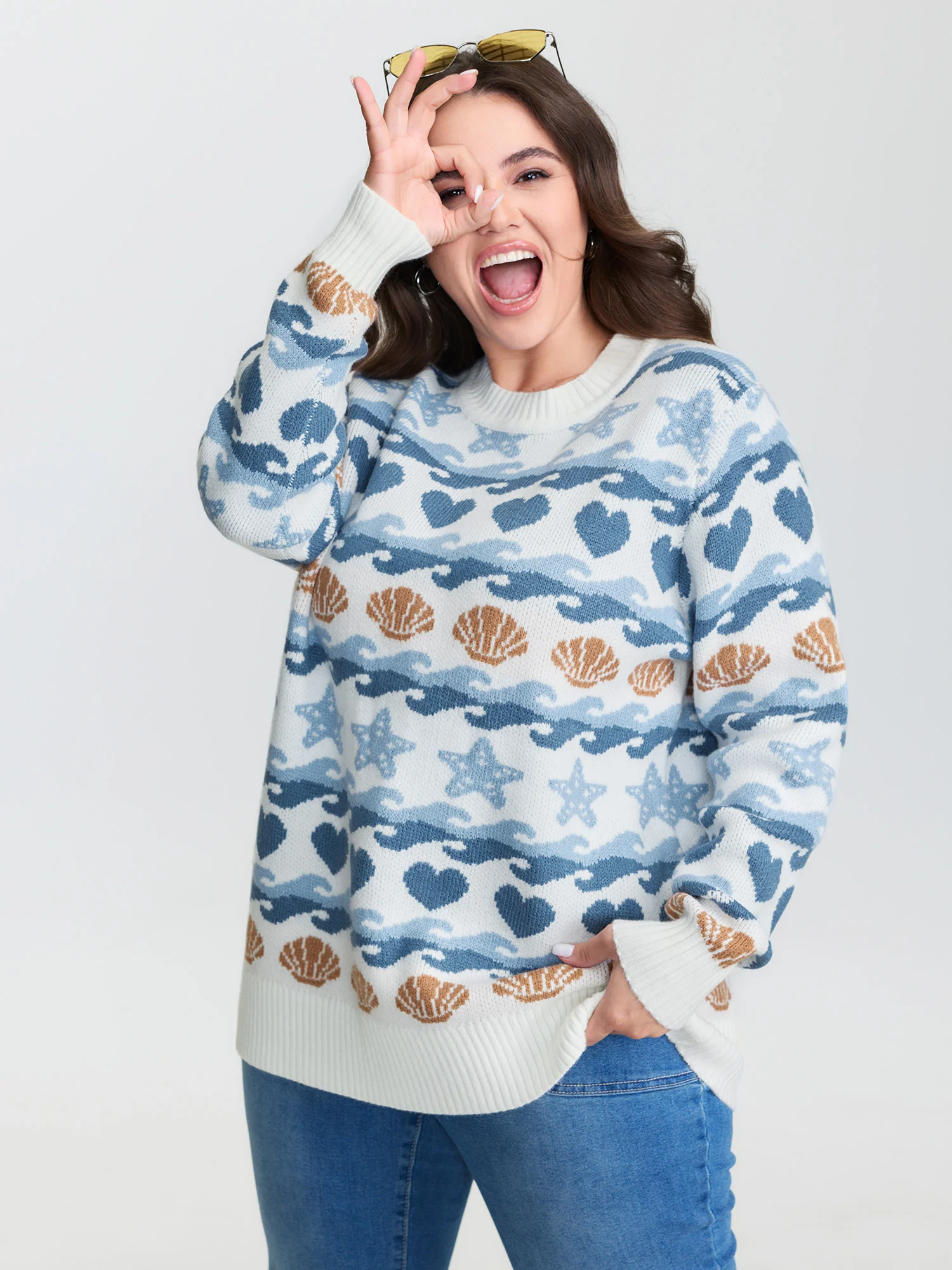 Ocean Pattern Jacquard Ribbed Hem Pullover