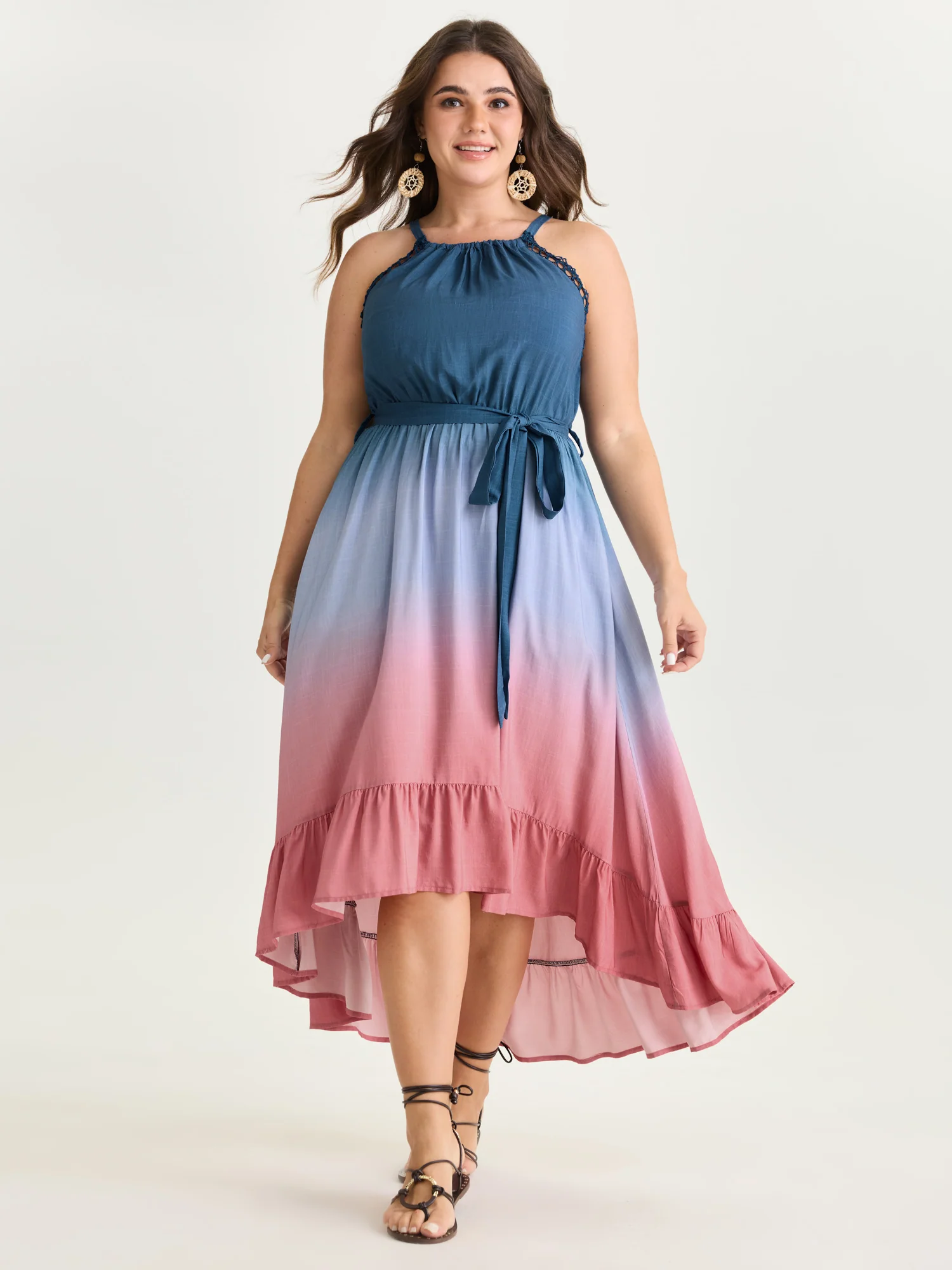 Ombre Color Blend Lace Trim Maxi Dress
