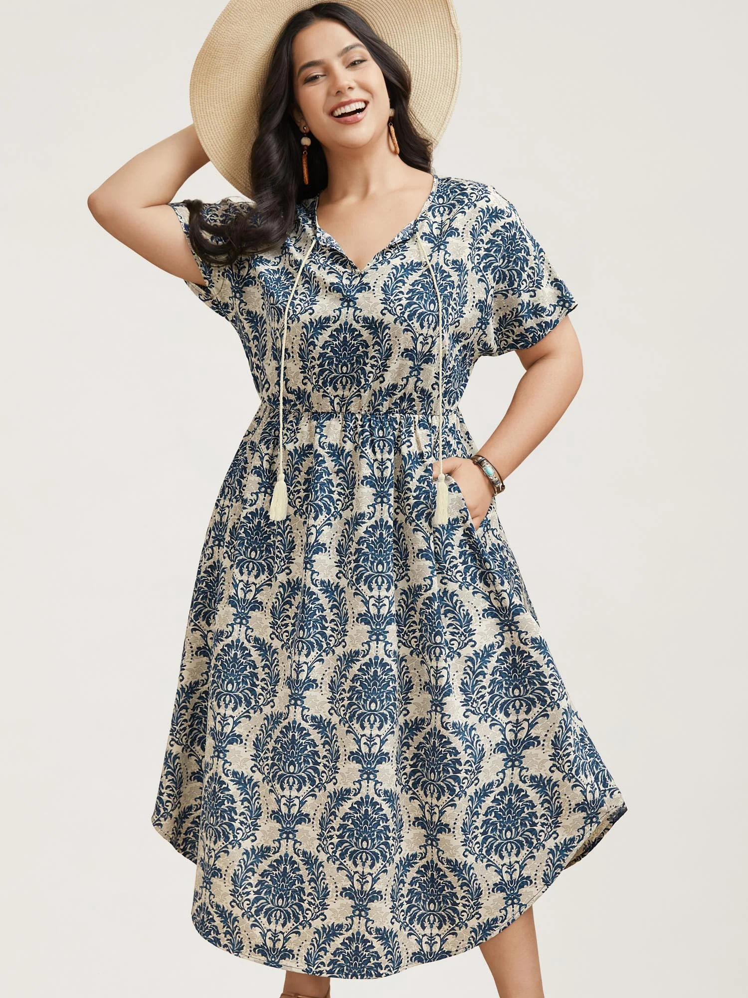 Ornate Print Curvy Hem Tied Maxi Dress