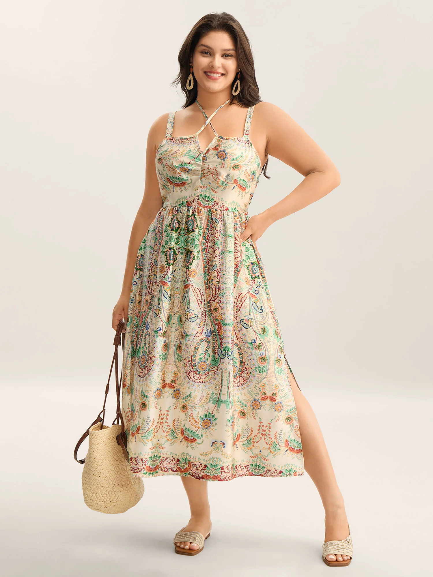Paisley Print Halter Neck A-Line Midi Dress