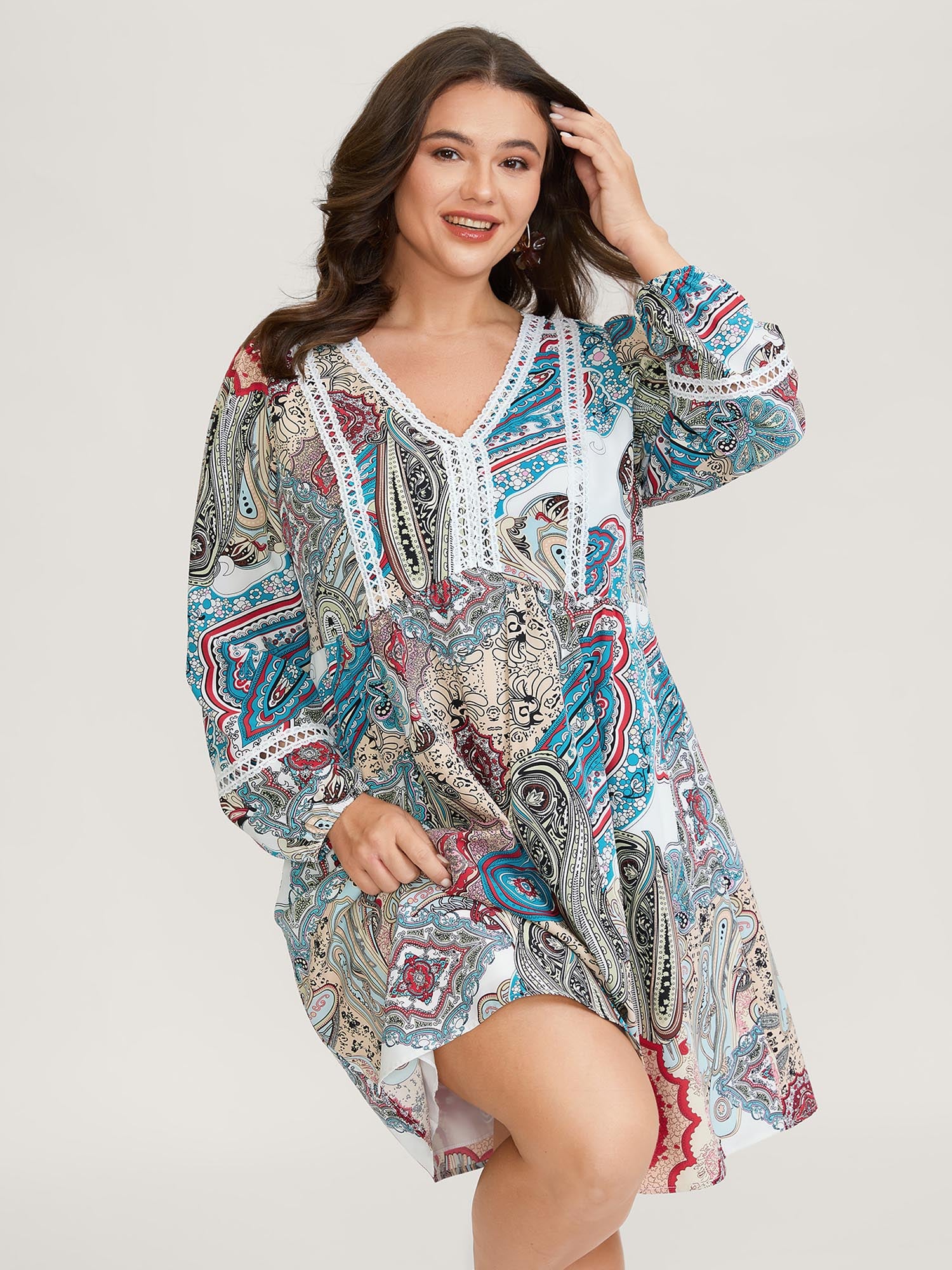Paisley Print Lace Trim Midi Dress