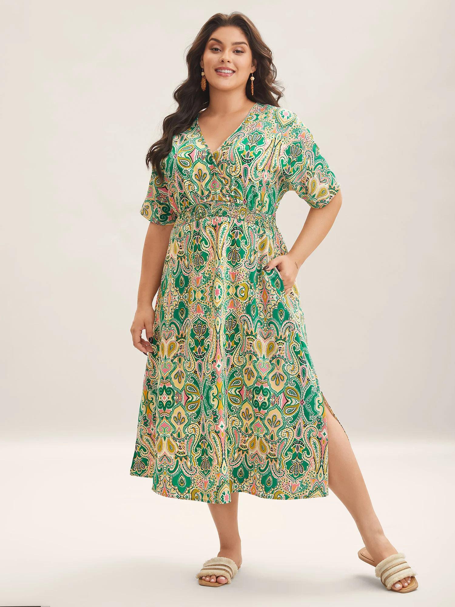 Paisley Print Shirred Pockets Midi Dress