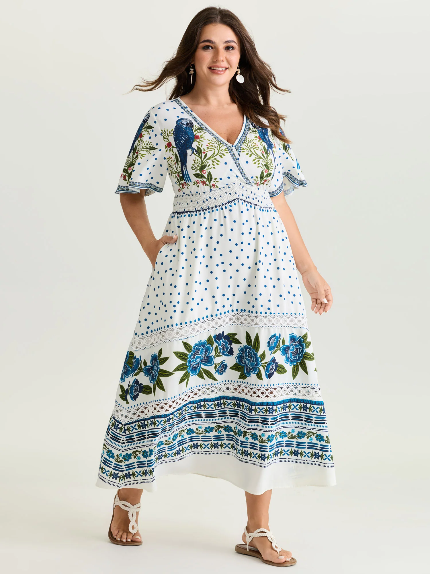 Parrot Print Lace Trim Surplice Neckline Maxi Dress