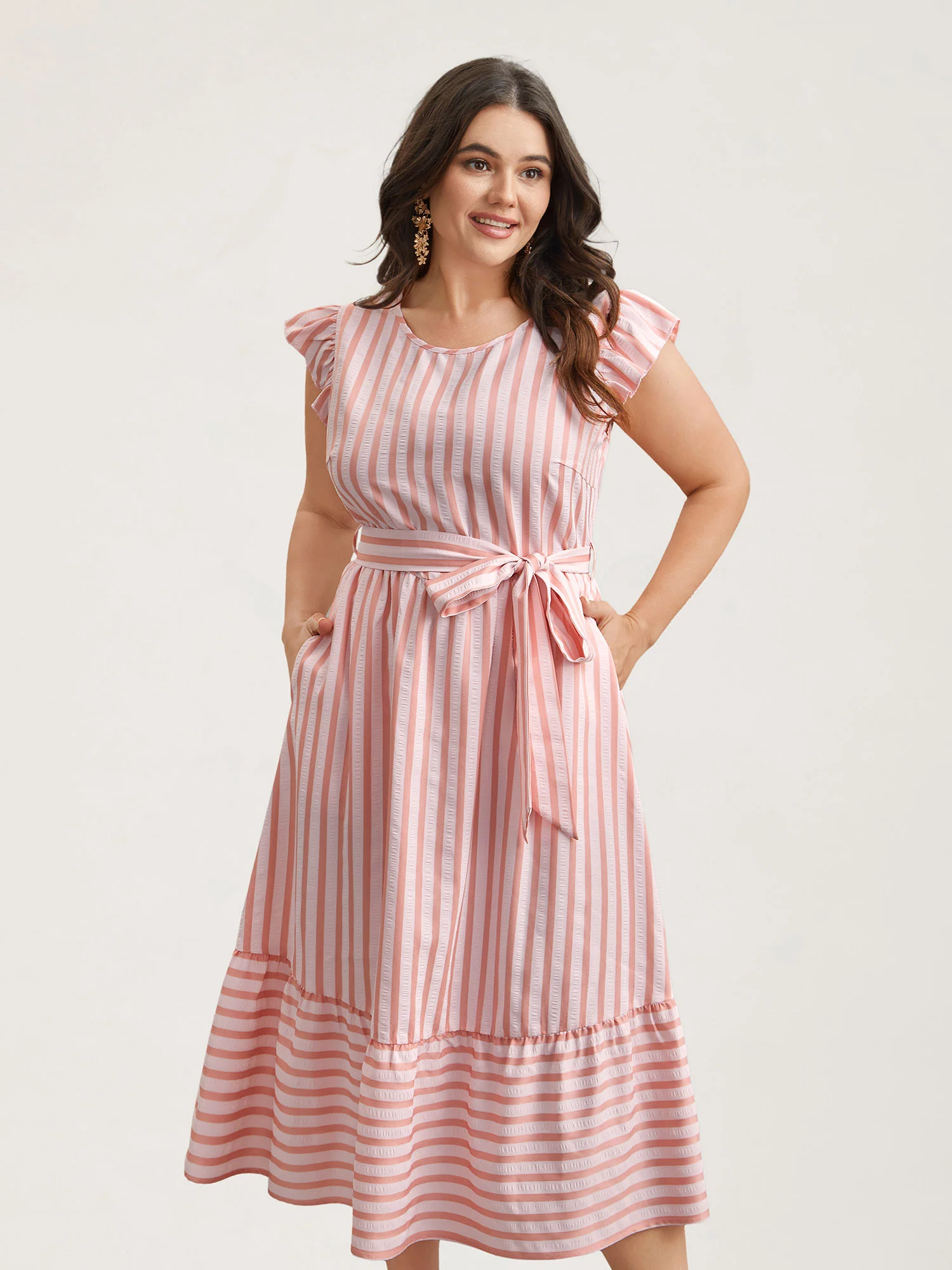 Pastel Stripes Belted Pockets Midi Dress