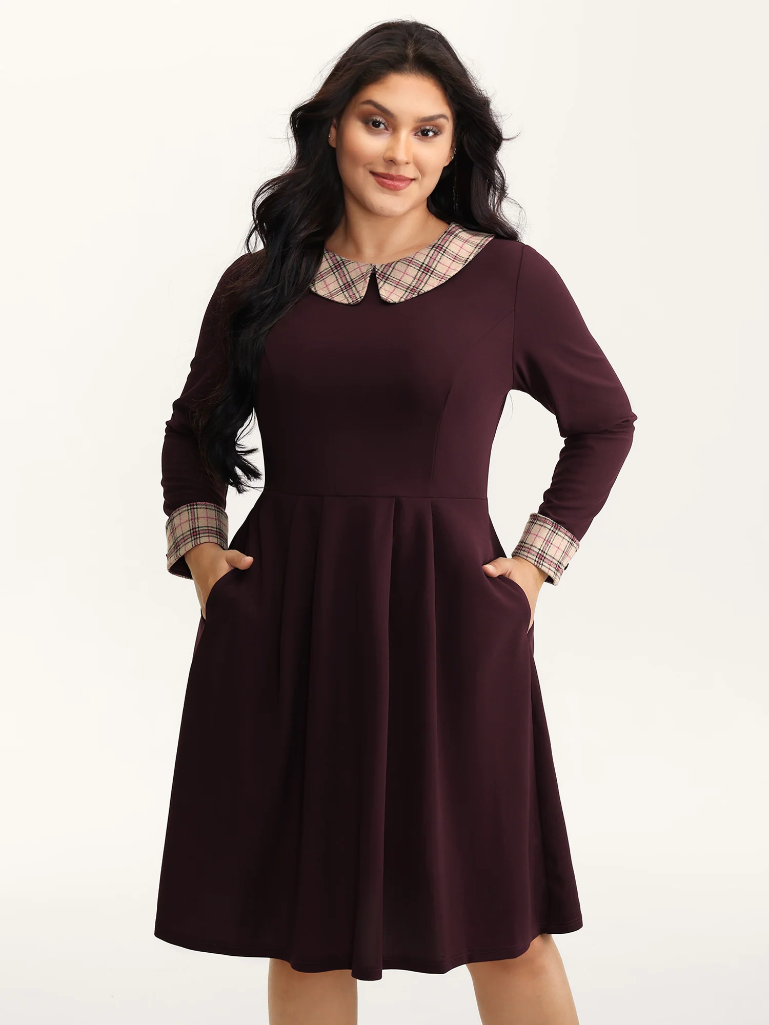 Plaid Collar Pleated Stretchy Waist Midi Dress