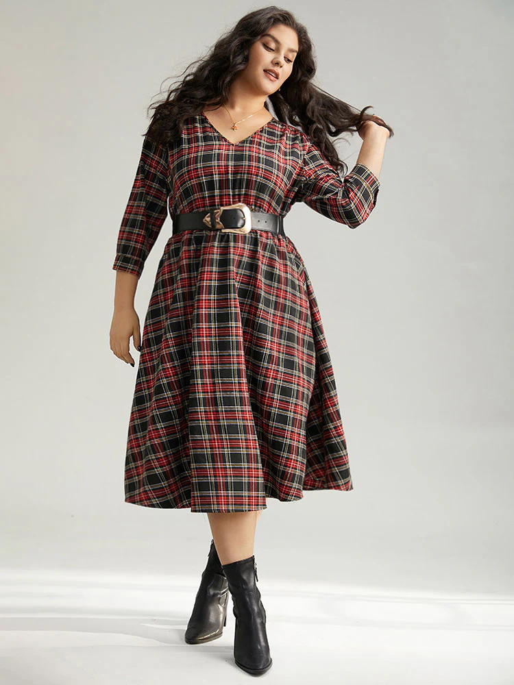 Plaid Elastic Waist Shirred Pocket Dress