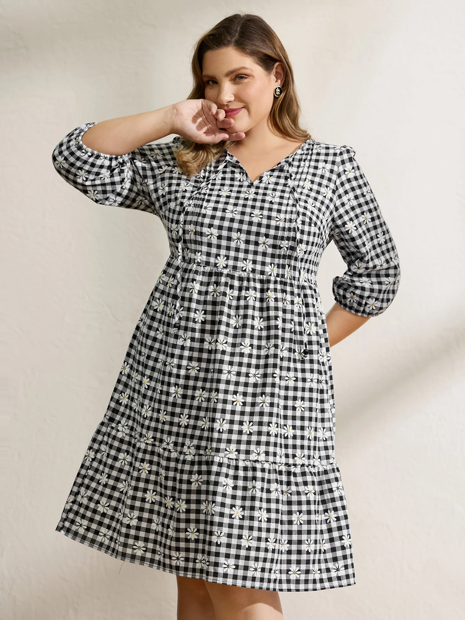 Plaid Floral High-Waist Midi Dress