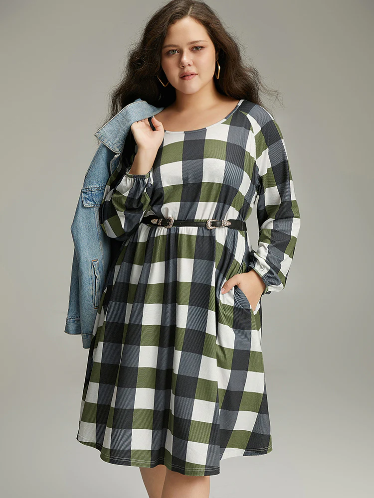 Plaid Lantern Sleeve Ruffle Hem Dress