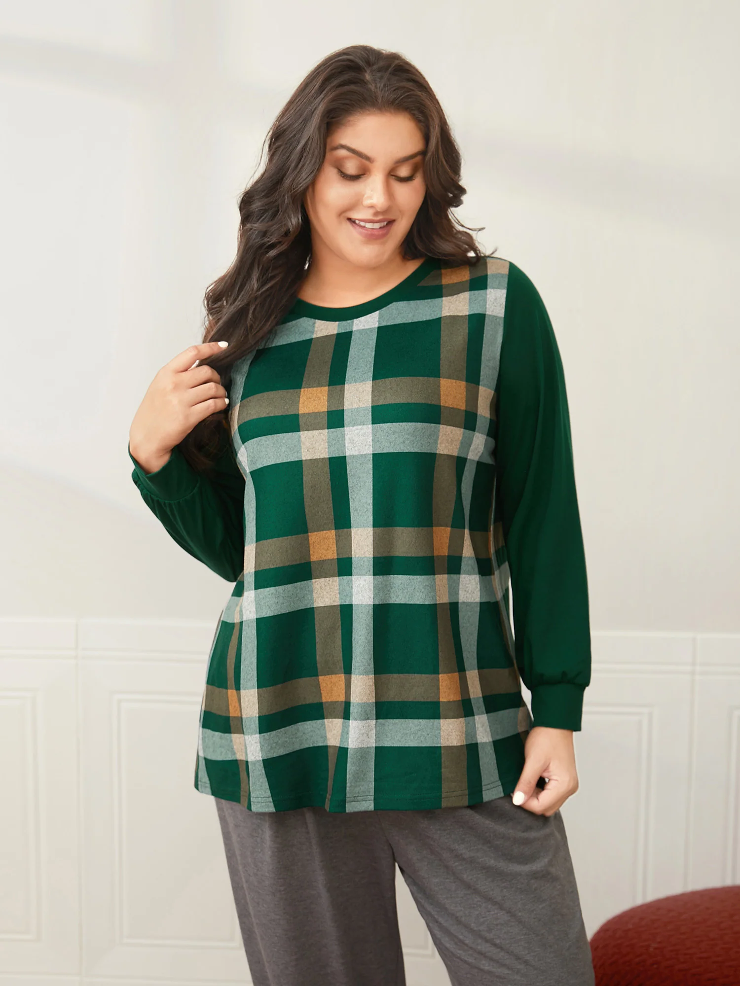 Plaid Patchwork Solid Long-Sleeves Tee