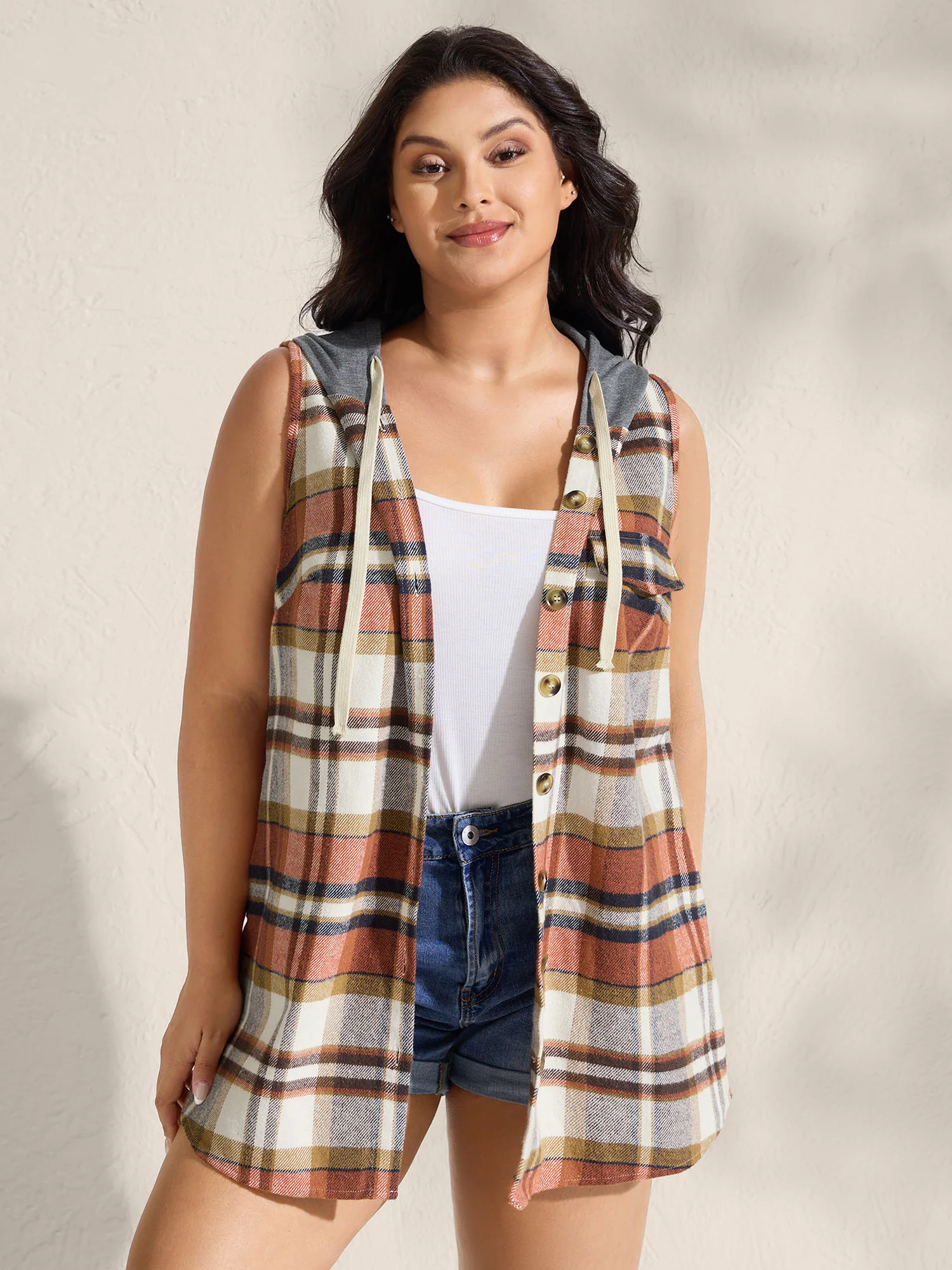 Plaid Print Color Contrast Hooded Vest