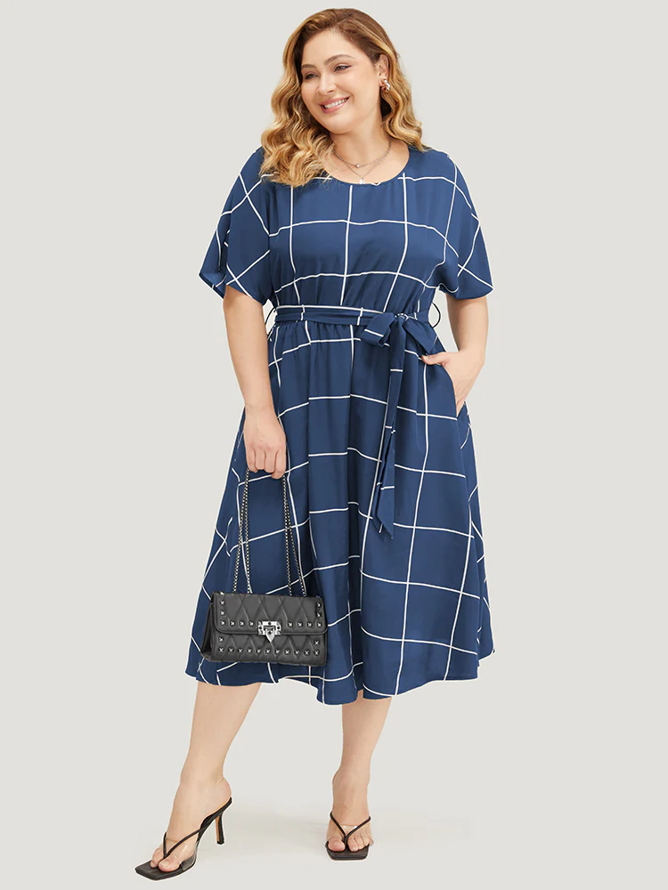Plaid Print Pocket Belted Ruffle Hem Dolman Sleeve Dress