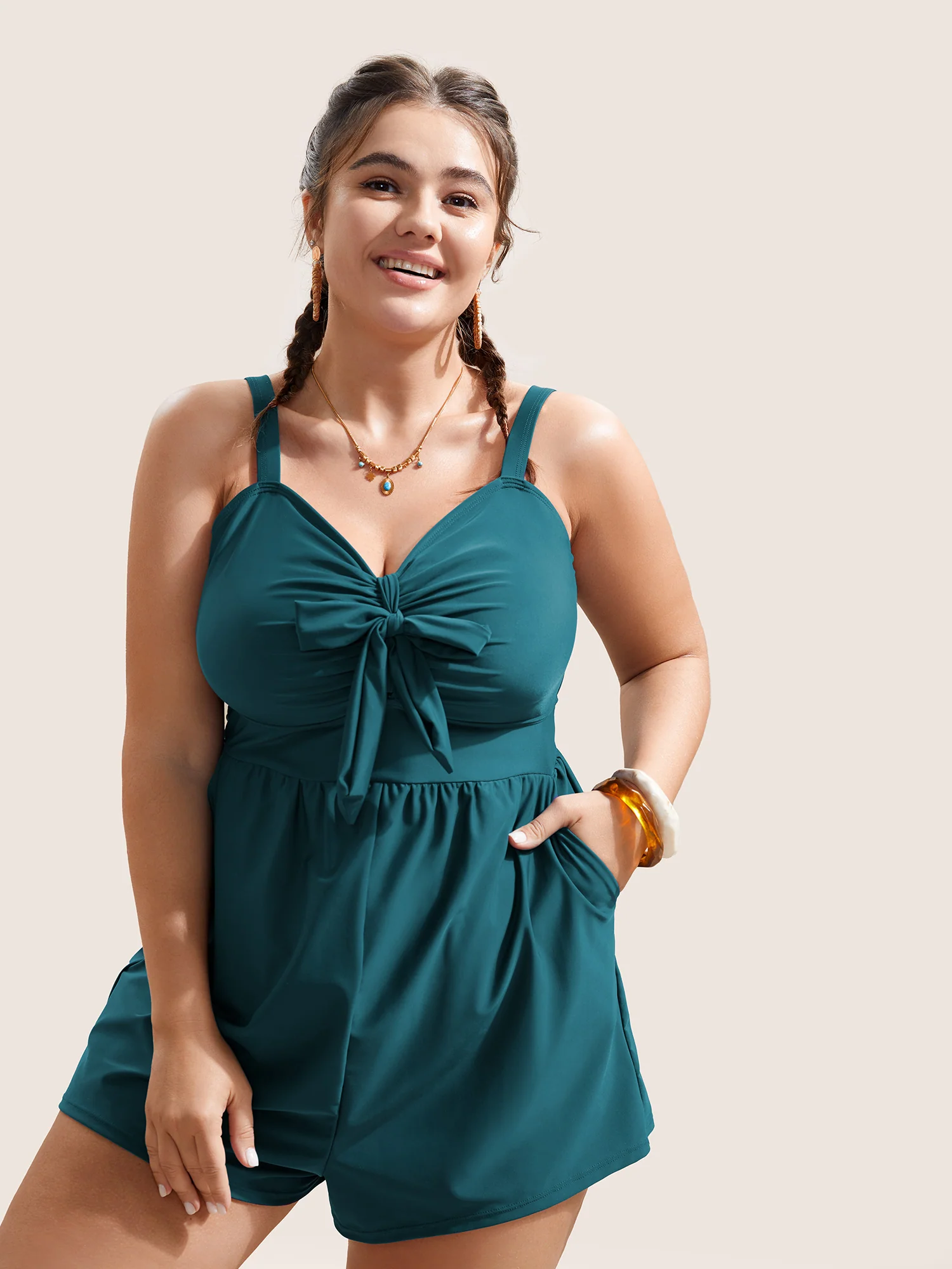 Plain Bowknot Pocket Gathered One Piece Swimsuit - Image 2