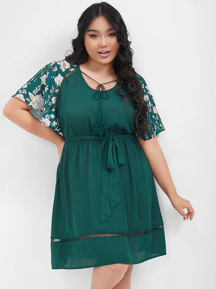 Plain Broderie Anglaise Ruffles Belted Ties Knee Dress