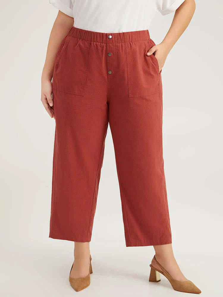 Plain Button Up Pocket Straight High Rise Leg Pants
