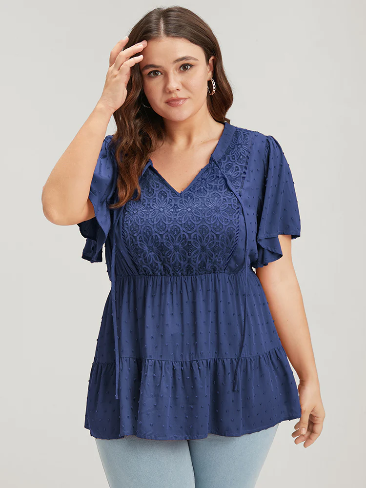 Plain Crochet Lace Embroidered Ruffles Ties Neck Blouse