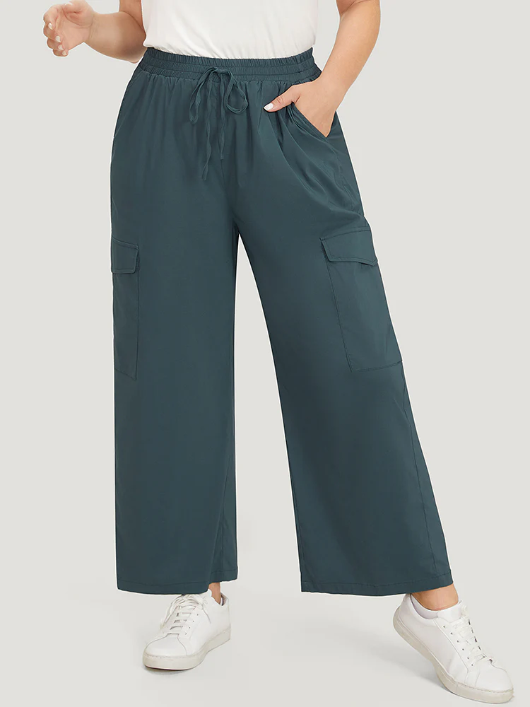 Plain Drawstring Patched Pocket High Rise Pants