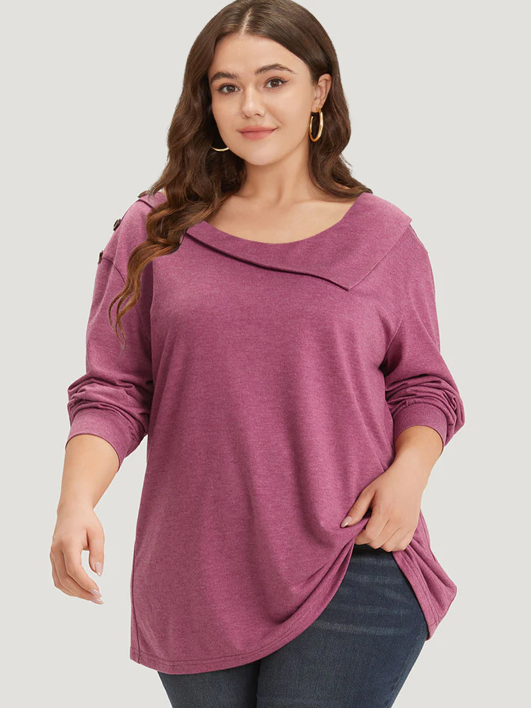 Plain Elastic Cuffs Button Detail Asymmetrical Neck Sweatshirt