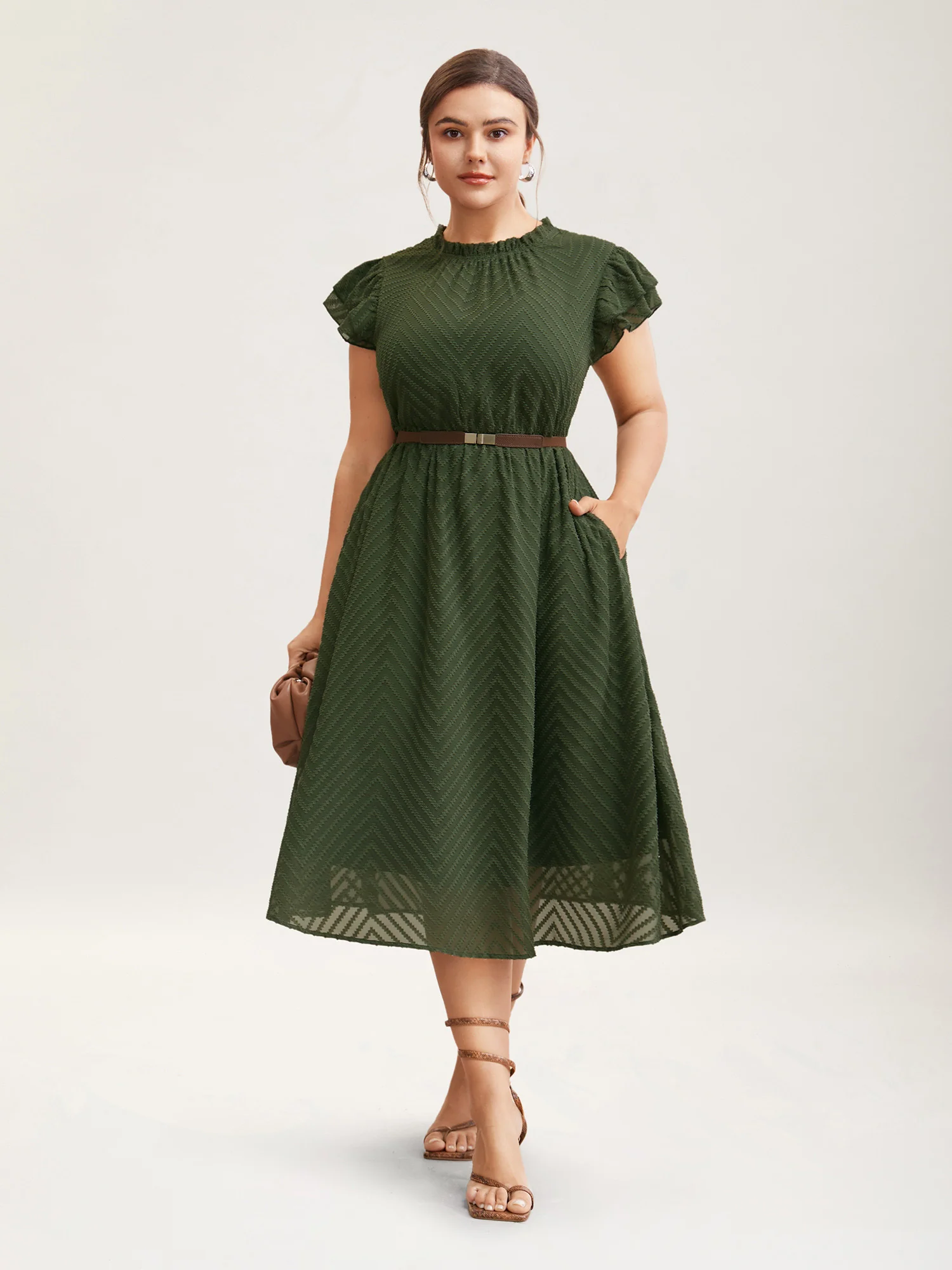 Plain Geometric Layered Sleeve Pocket Ruffle Mock Neck Dress