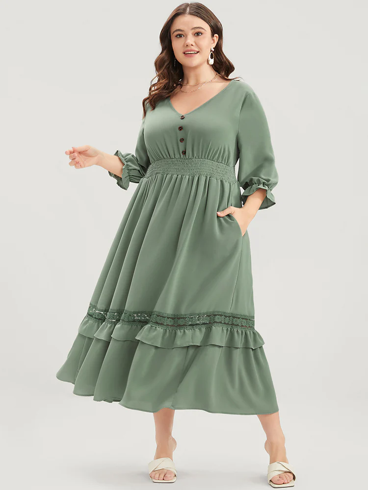Plain Lantern Sleeve Button Detail Pocket Shirred Ruffle Hem Dress