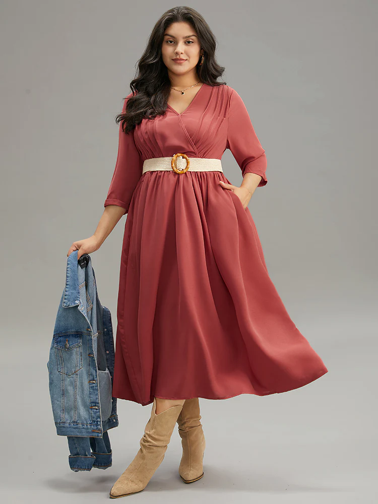 Plain Pleated Gathered Wrap Pocket Dress