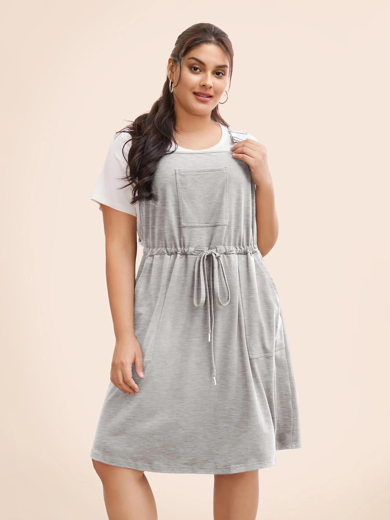 Plain Pocket Drawstring Overall Dress