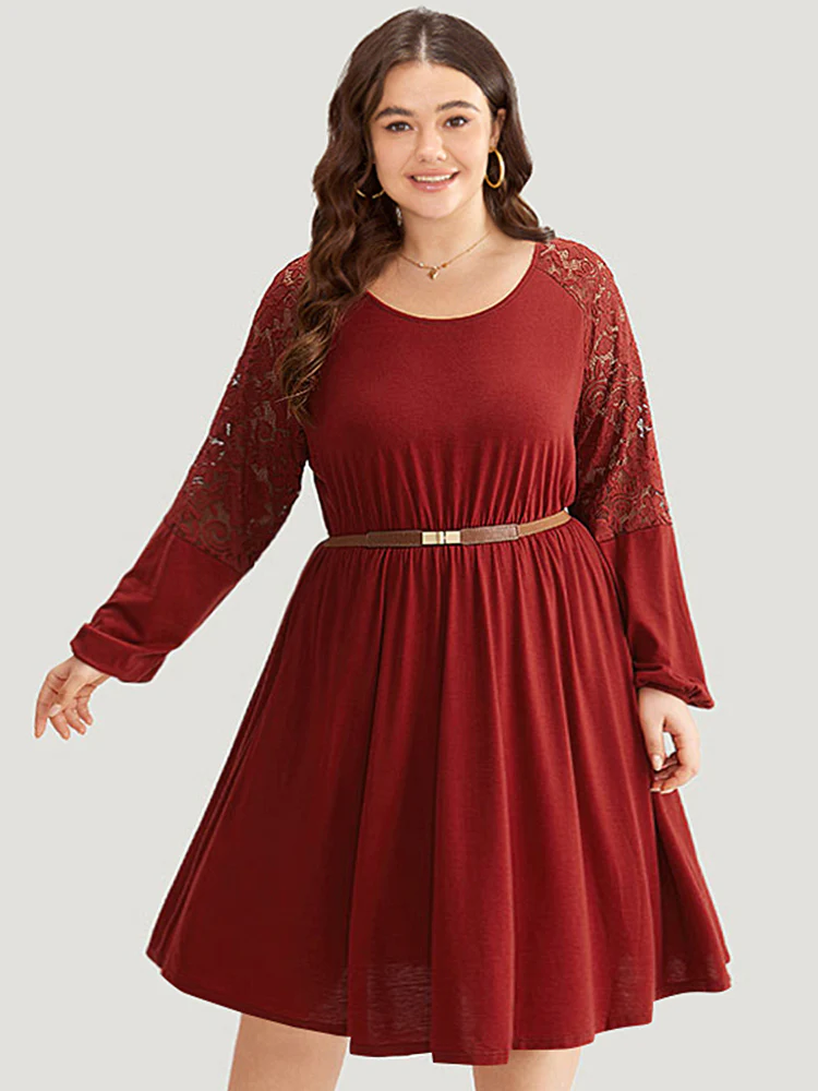 Plain Pocket Lace Panel Lantern Sleeve Dress