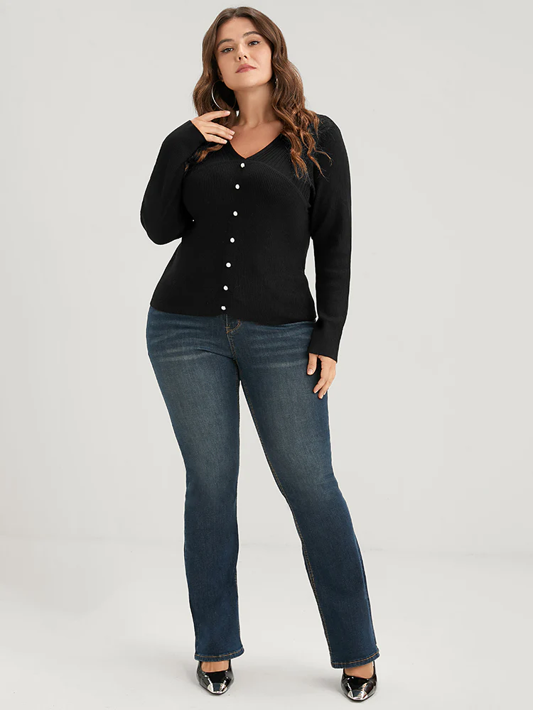 Plain Rib Knit Button Front Knit Top