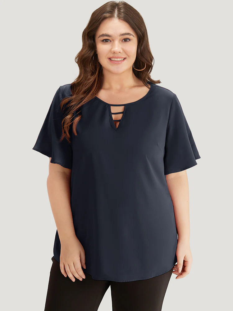 Plain Ruffle Sleeve Cut Out Blouse