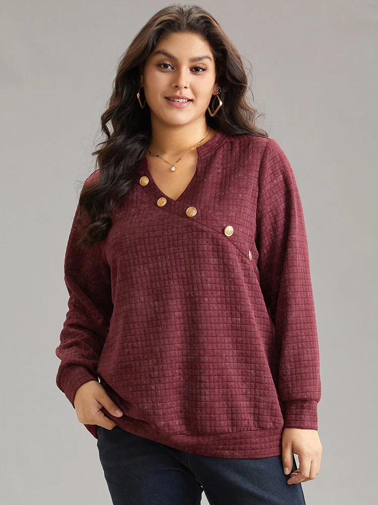 Plain Textured Notched Button Detail Sweatshirt