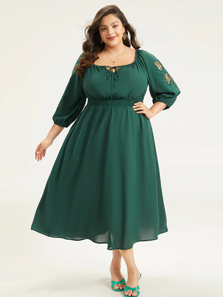 Plain Tie Neck Cut Out Shirred Dress