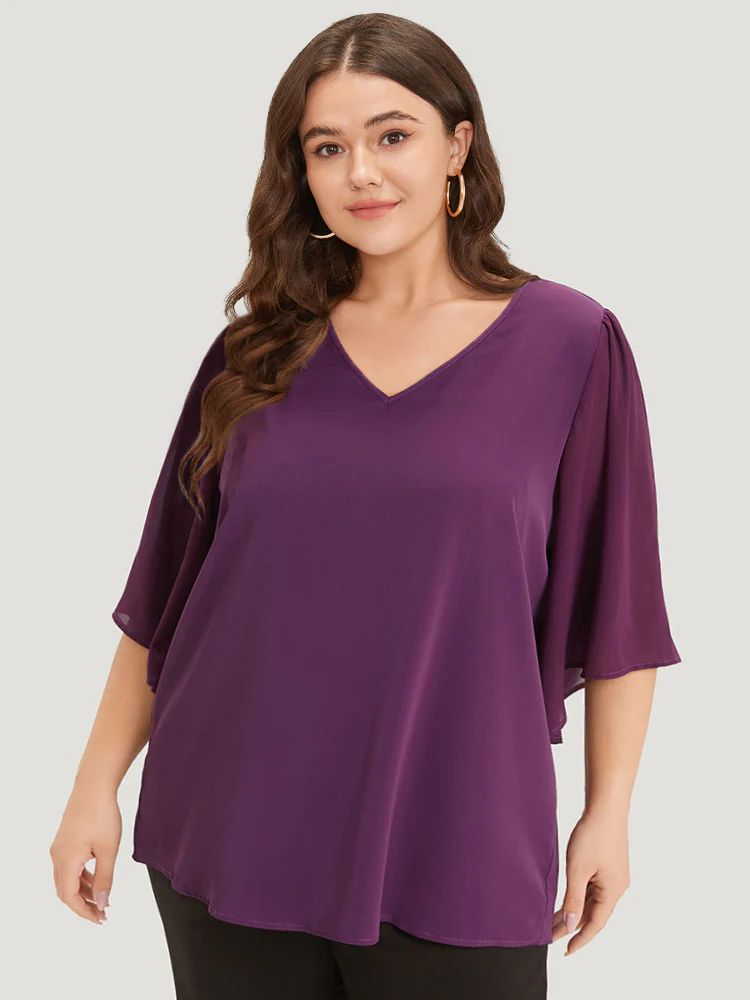 Anti-Wrinkle Plain V Neck Mesh Patchwork Flutter Sleeve Blouse
