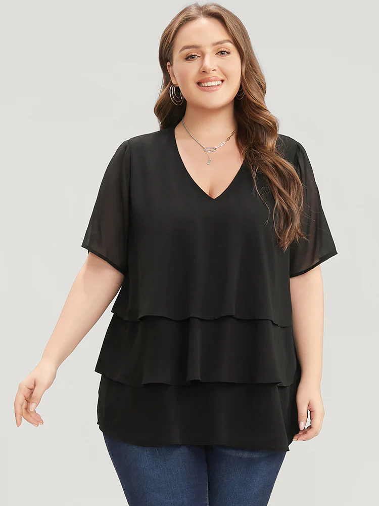 Plain V Neck Mesh Ruffle Tiered Blouse