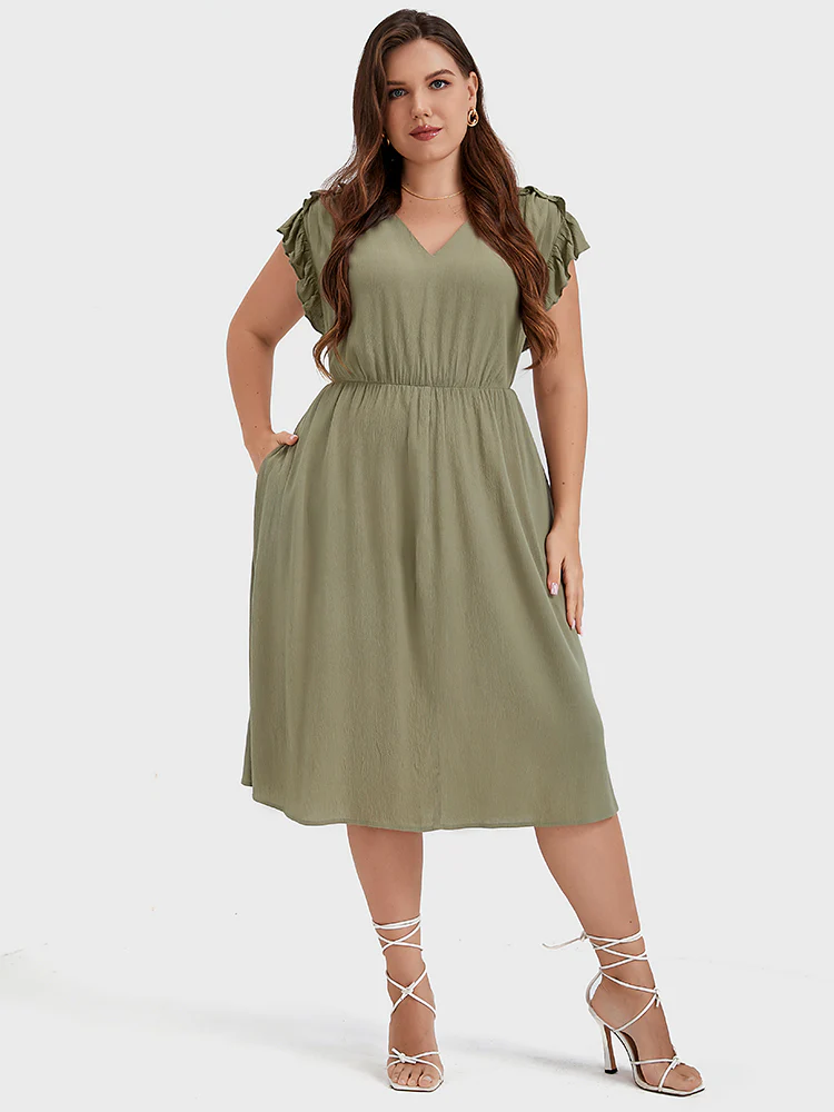 Plain V Neck Ruffles Trim Pocket Knee Dress - Image 3