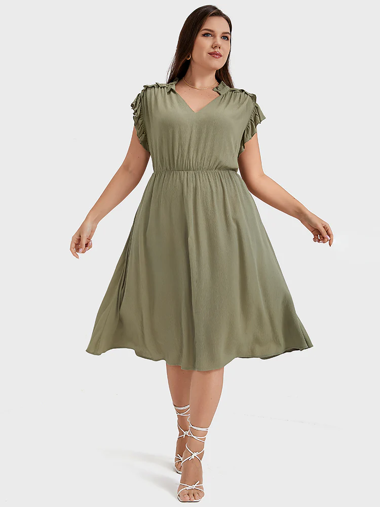 Plain V Neck Ruffles Trim Pocket Knee Dress - Image 4