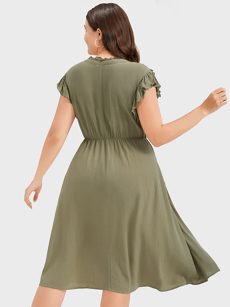 Plain V Neck Ruffles Trim Pocket Knee Dress - Image 7