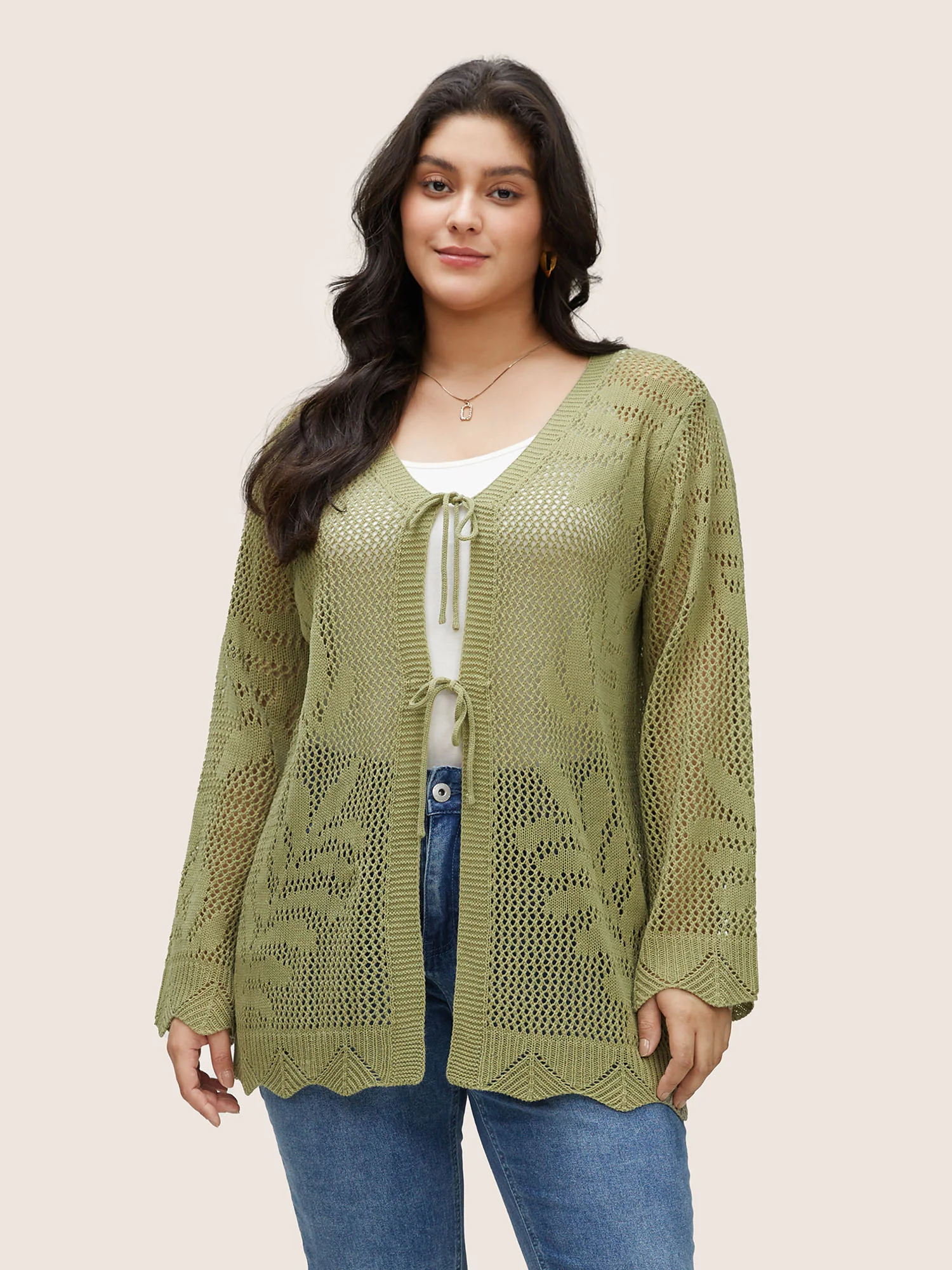 Plants Hollow Out Ties Scalloped Trim Cardigan