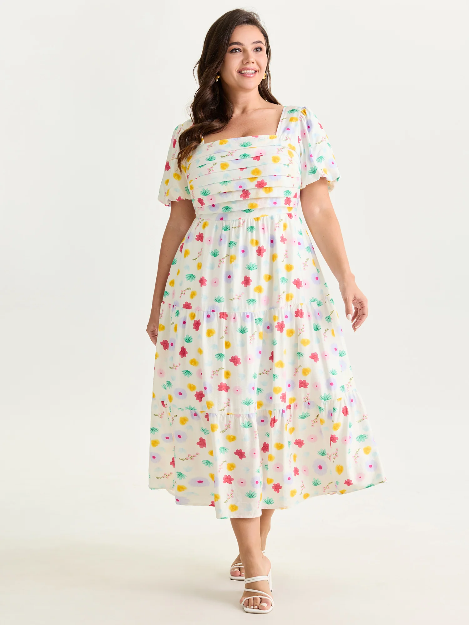 Playful Floral Print Pleated Flowy Midi Dress