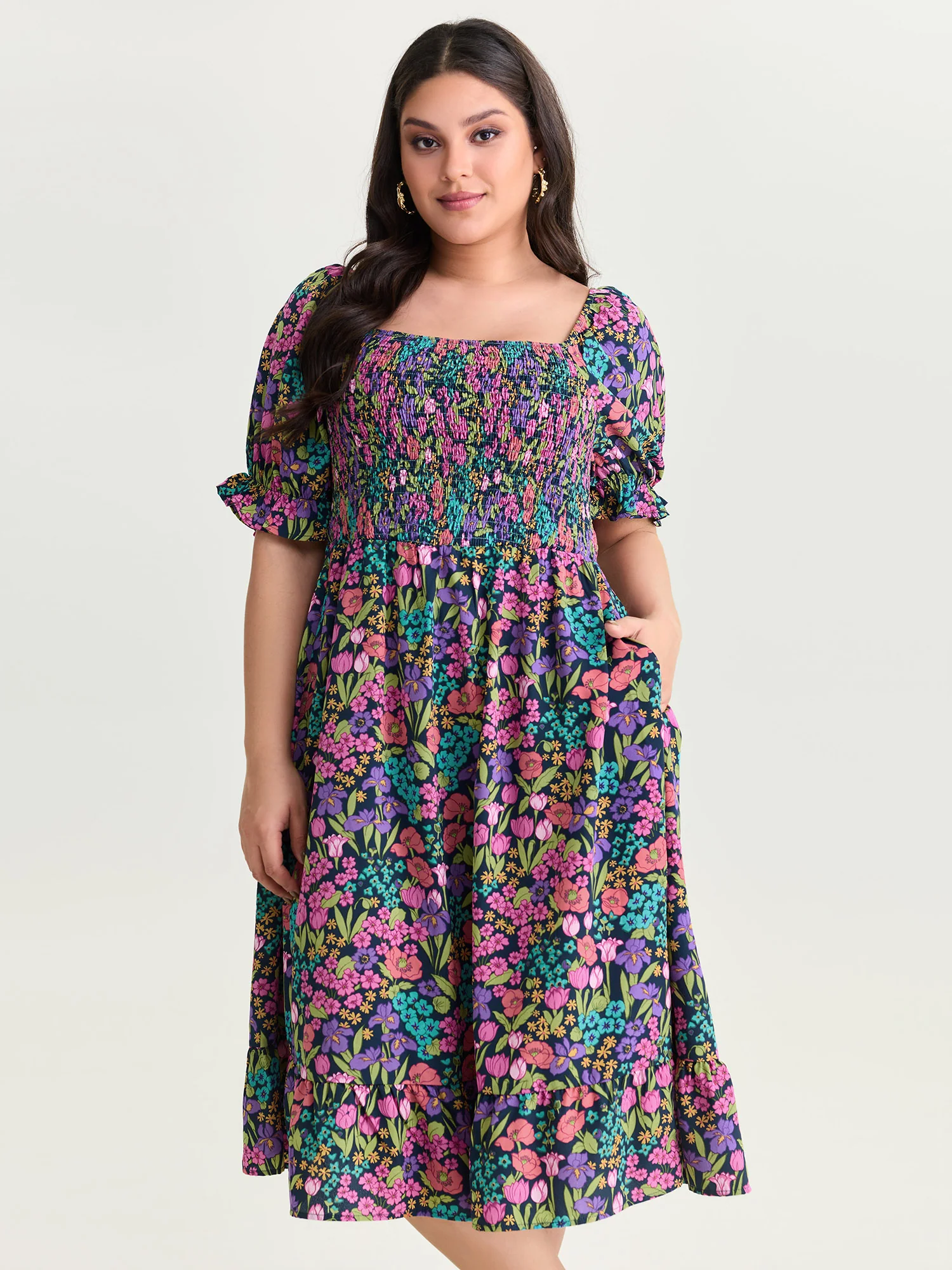 Playful Floral Print Shirred Midi Dress