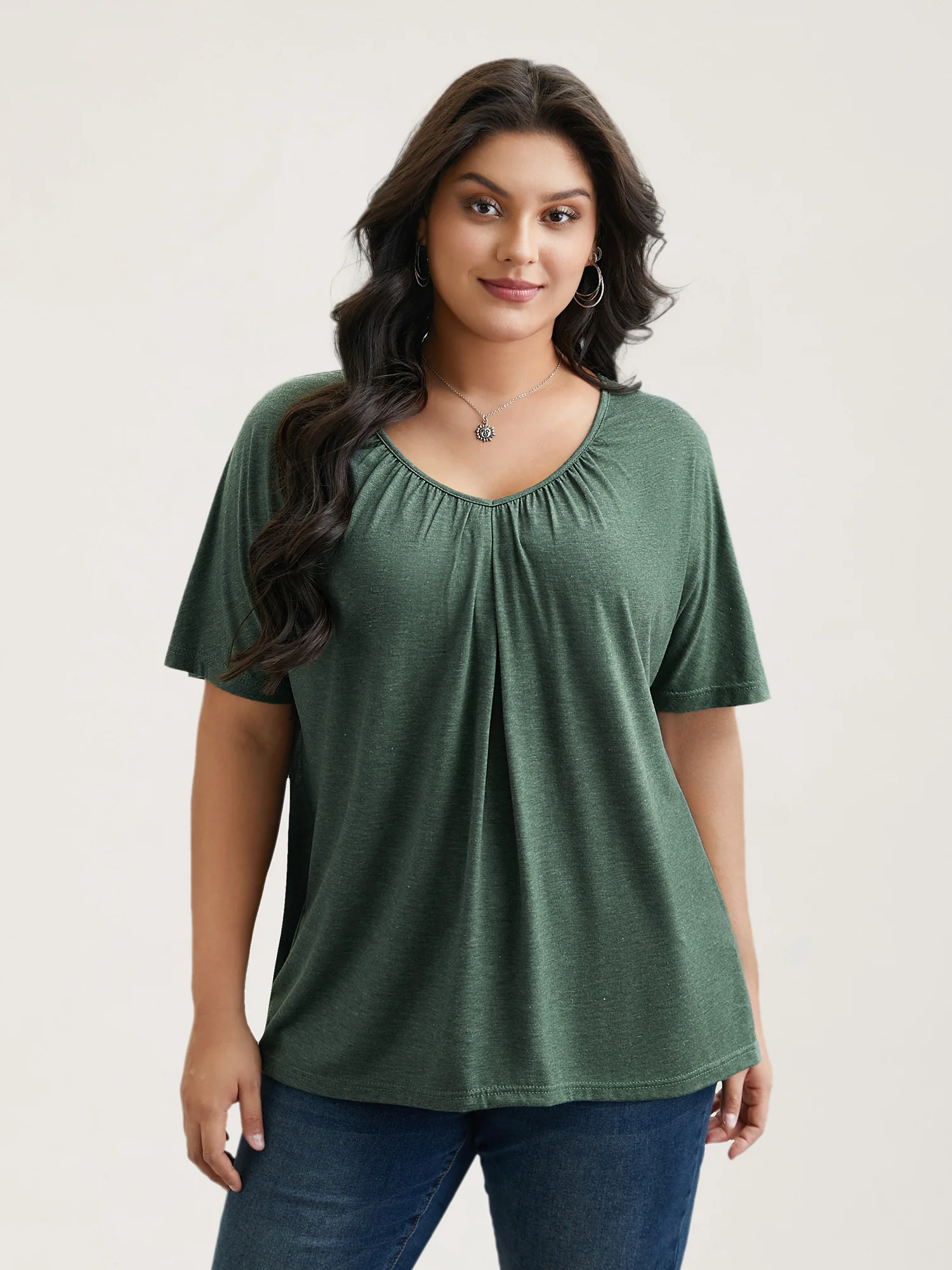 Pleated Plain Half-Sleeve Knit Top