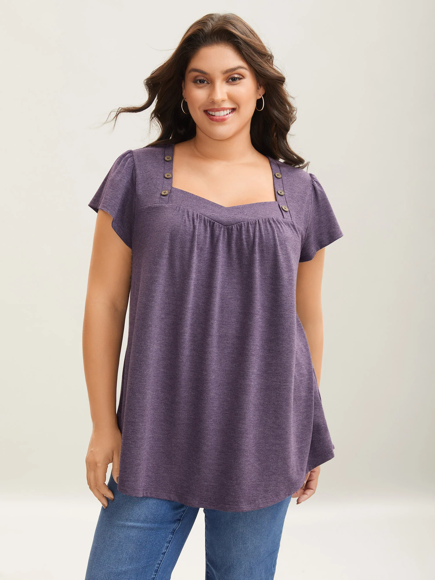 Pleated Shoulder Button Plain Relaxed T-Shirt
