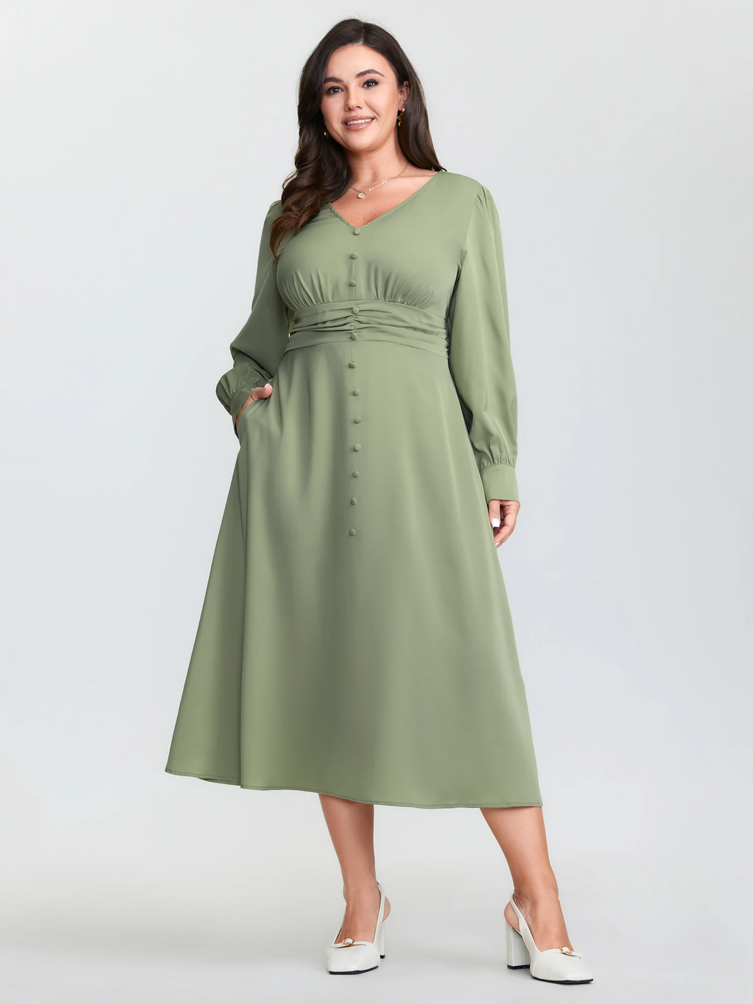 Pleated Waist Deep V-Neck Midi Dress