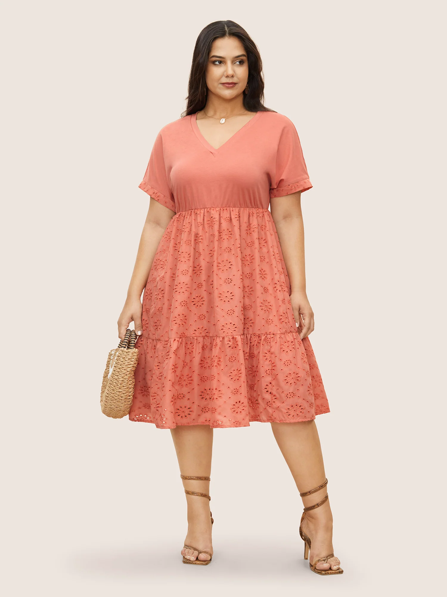 Plisse Broderie Anglaise Patchwork Ruffle Hem Dress