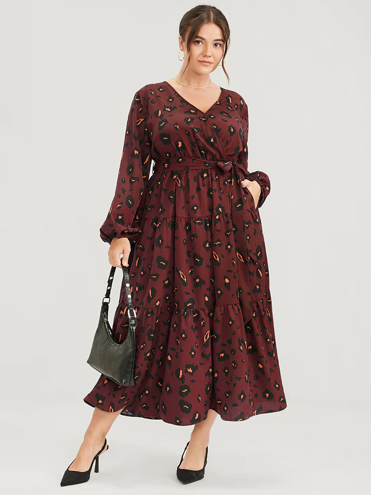 Pocket Button Surplice Neck Allover Print Belted Dress