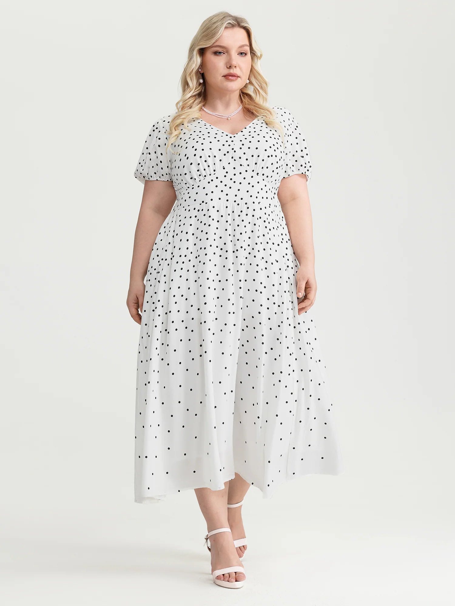 Polka Dot Charm Cinched-Waist Shirred Midi Dress