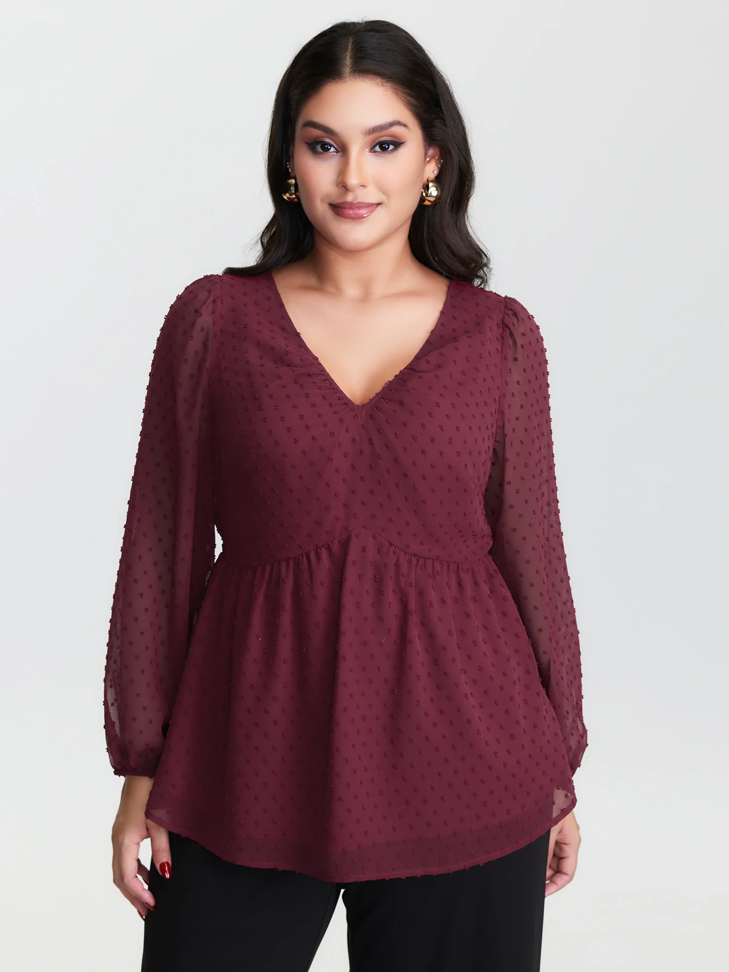 Polka Dot Jacquard Textured Shirred Blouse