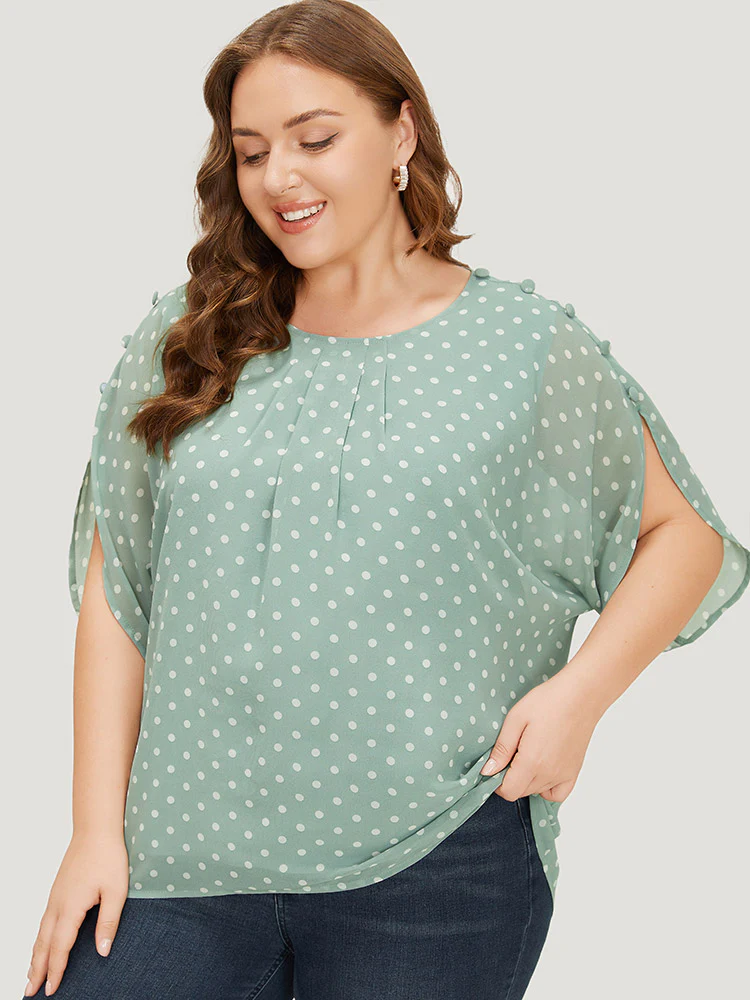 Polka Dot Pleated Button Detail Split Sleeve Blouse