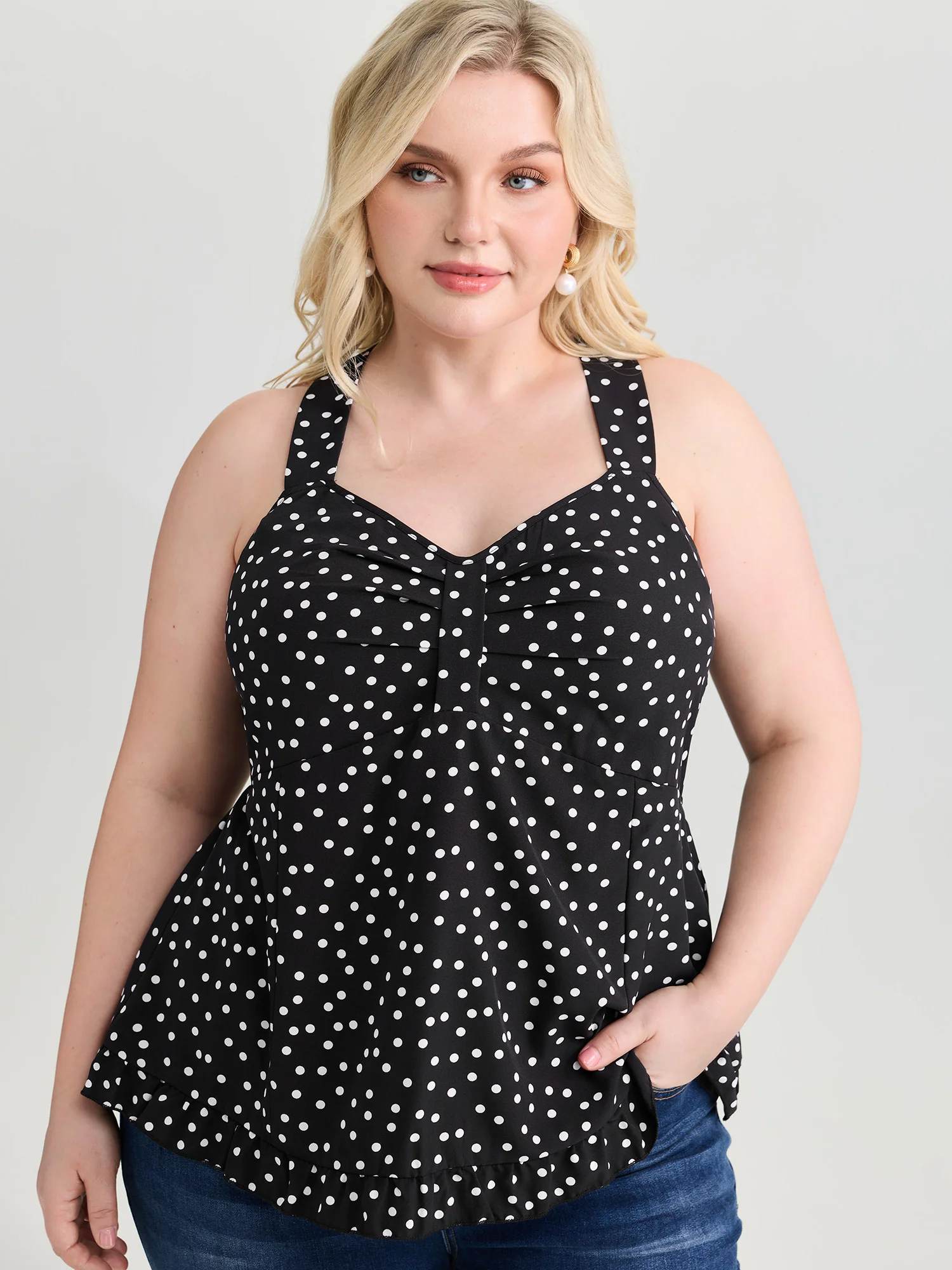 Polka Dot Print Gathered Bodice Tank Top