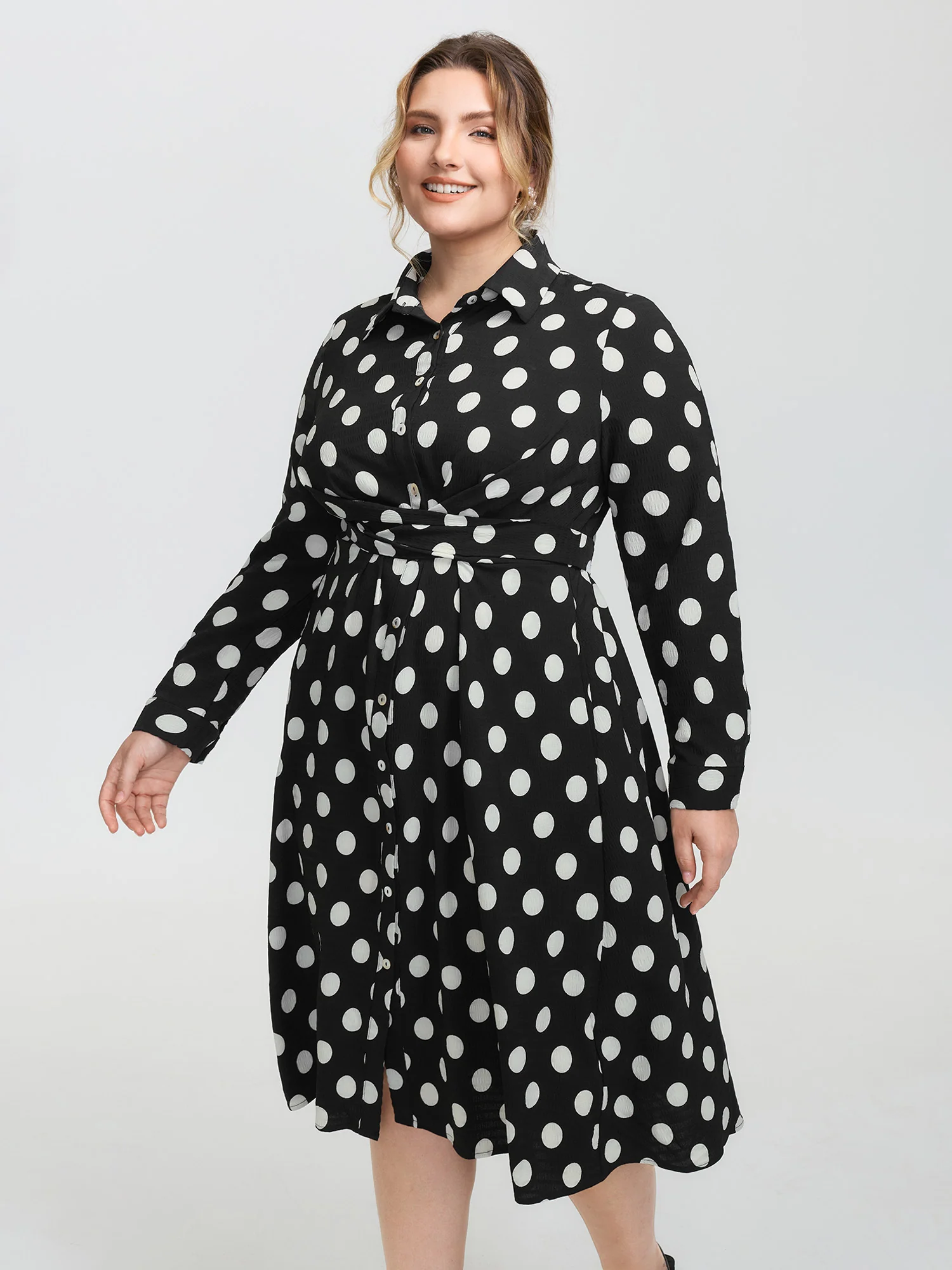 Polka Dots Crossover Pleated Waist Midi Dress